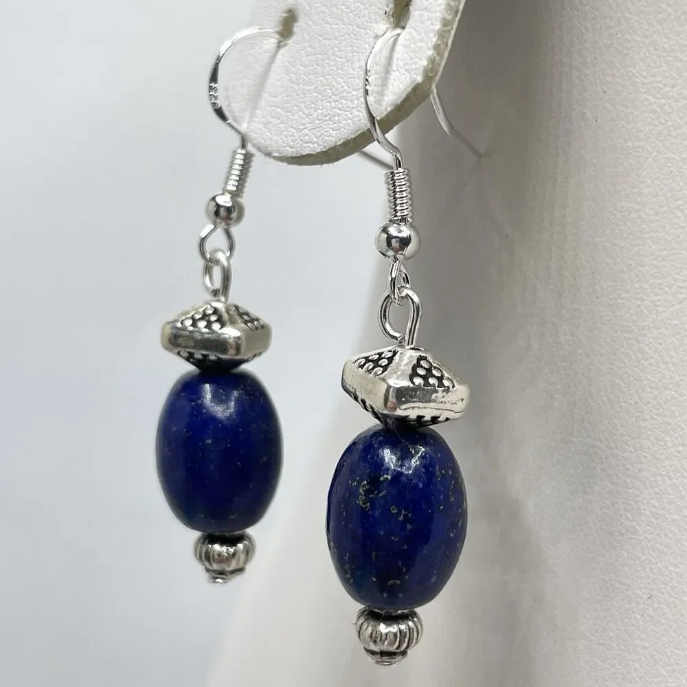 Artisan Silver Blue Lapis Lazuli Stone Beaded Dangle Earrings Boho Cute